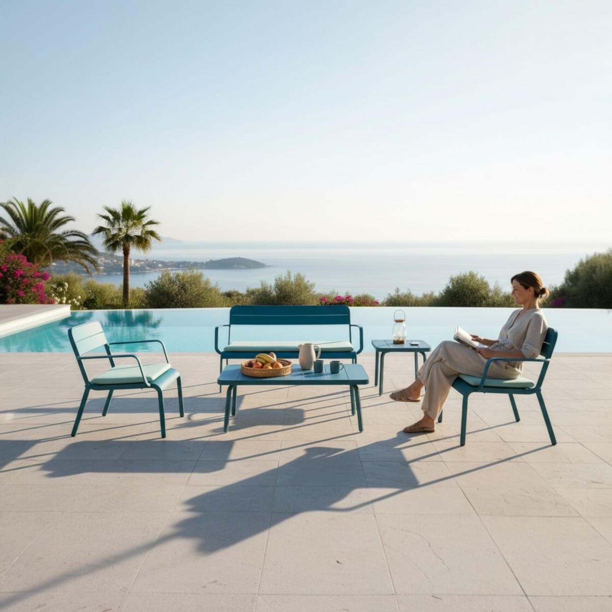 Joy stackable aluminum patio set in beige with loveseat and armchairs – shown outdoors (4)