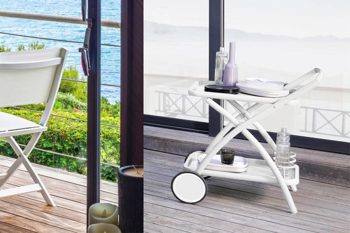 Belly two-tier aluminum outdoor serving cart – shown outdoors (3)