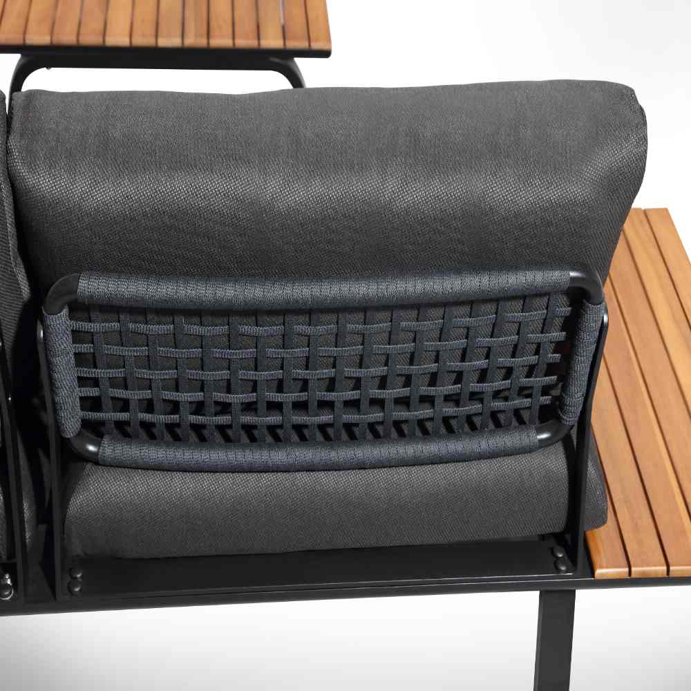 Punto low-profile black aluminum sectional with hand-woven black rope back – close-up detail