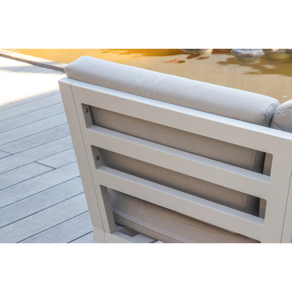 Lovy Cosy white aluminum outdoor sectional with teak armrests – close-up detail (3)