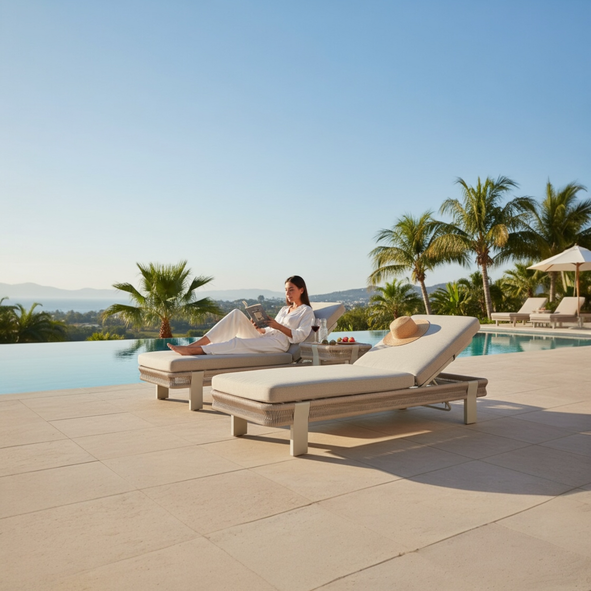 Olby aluminum and rope chaise lounges, set of 2 with teak table – shown outdoors (3)