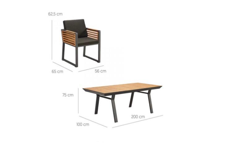 Cofy 6-seat aluminum and teak outdoor dining set – dimensions diagram