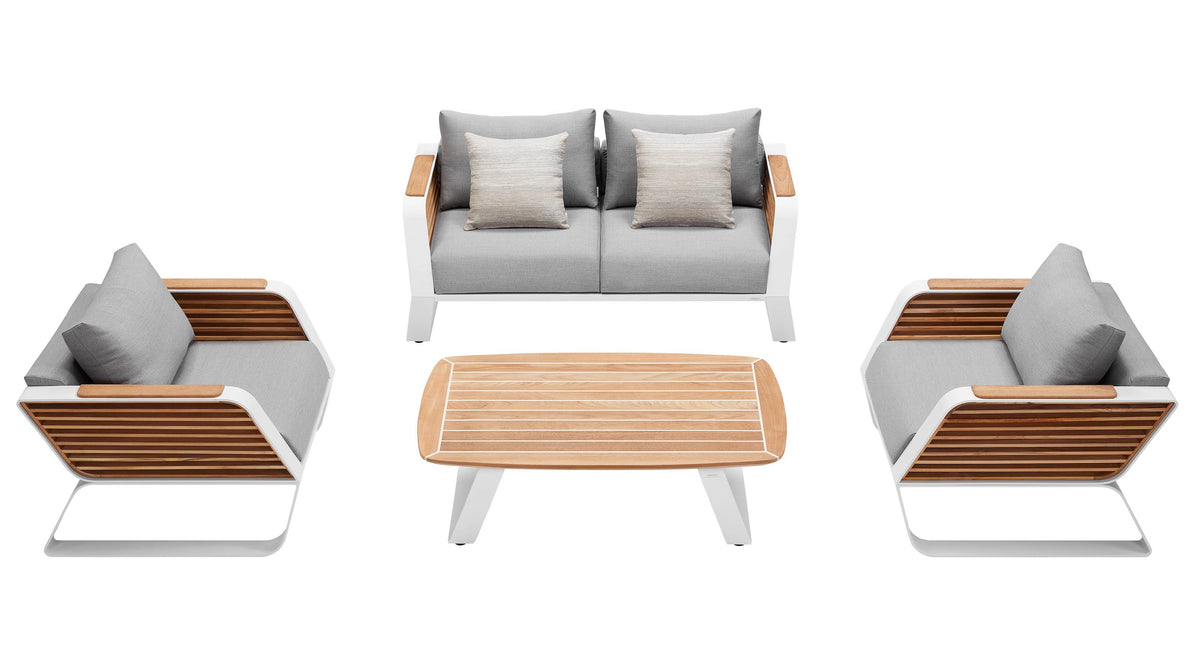 Aily Mini aluminum and teak patio loveseat set with two armchairs – multiple views