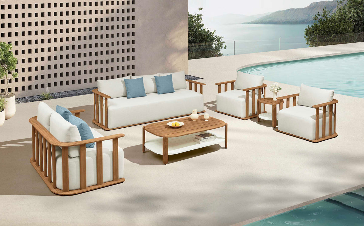 Roma XL 7-seat solid teak patio set with slatted palisade design – shown outdoors (3)