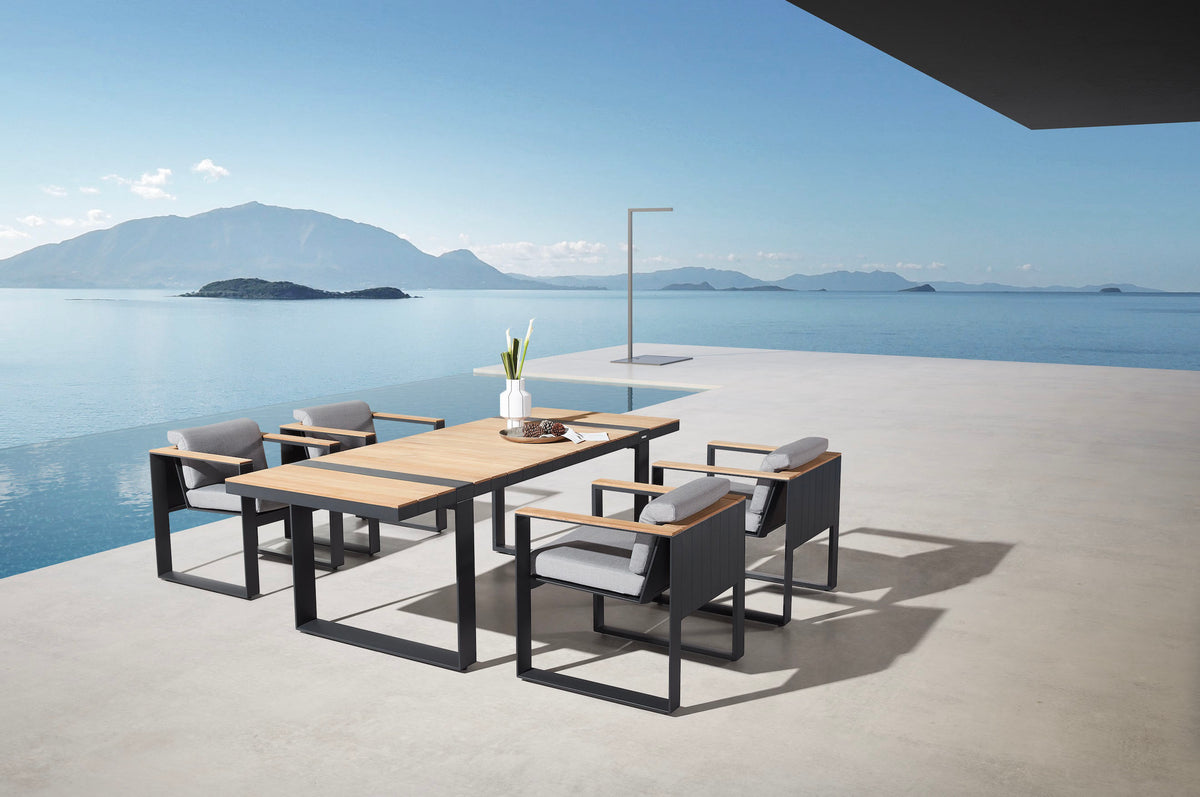 Sofy 6-seat slim aluminum and teak dining set – shown outdoors (3)