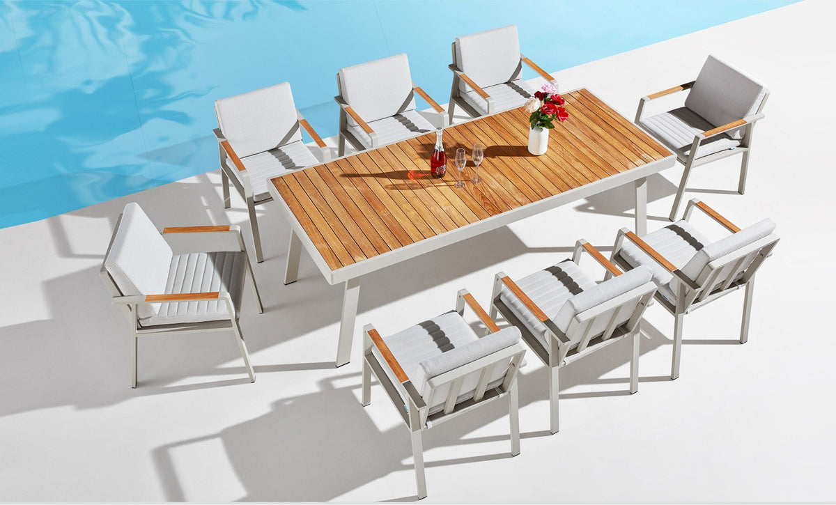 Noffy 8-seat aluminum and teak outdoor dining set – shown outdoors (3)