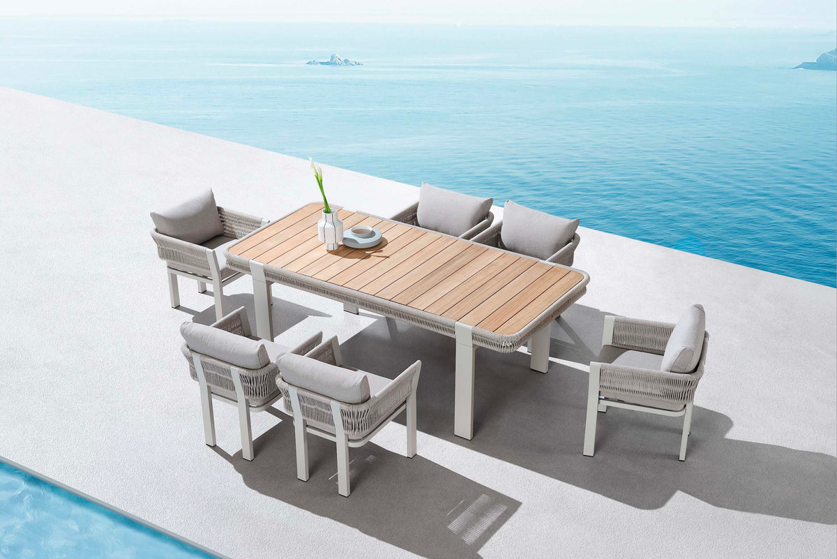 Olby 6-seat aluminum and rope outdoor dining set with teak-top table – shown outdoors (4)