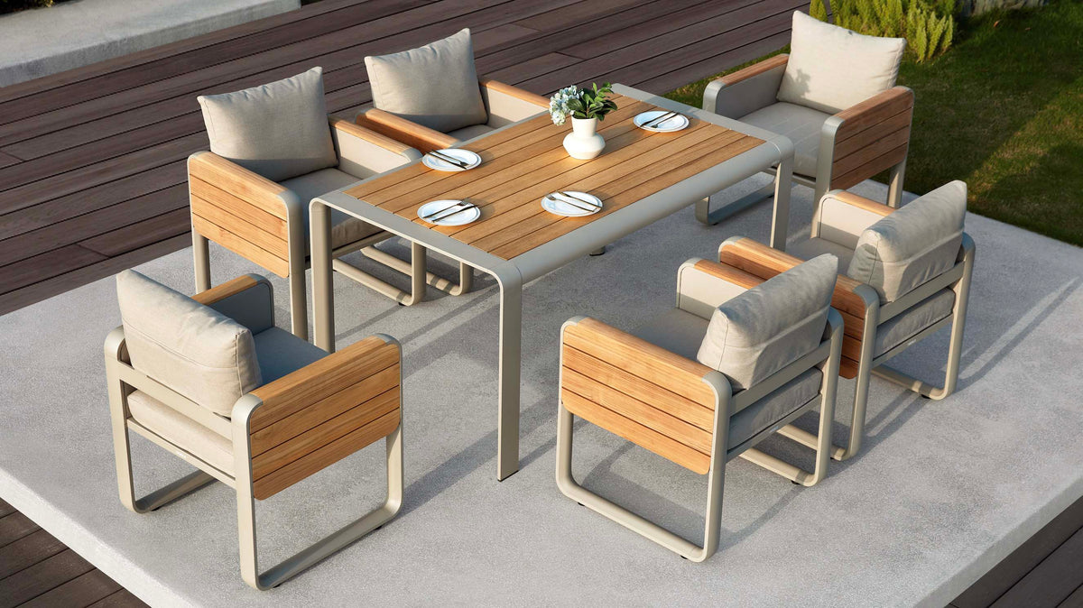 Talia aluminum and teak dining set with flip-up side tablets – shown outdoors (5)