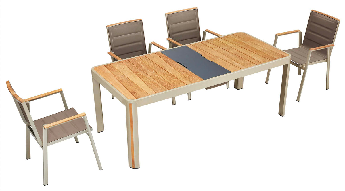 Geneva aluminum and teak outdoor dining set with center ice bucket