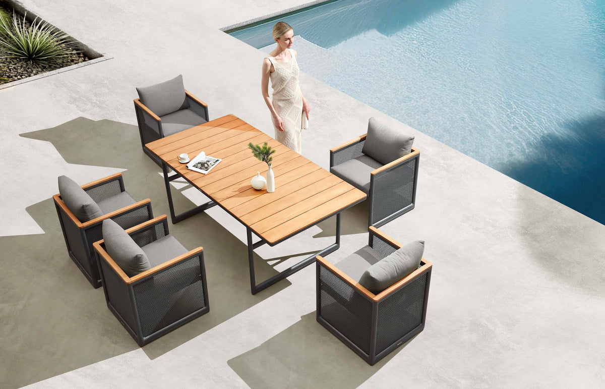 Rio 6-seat minimalist aluminum and teak dining set – shown outdoors (4)
