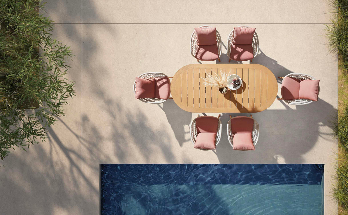 Rose teak and rope dining set with powder pink cushions – shown outdoors (5)