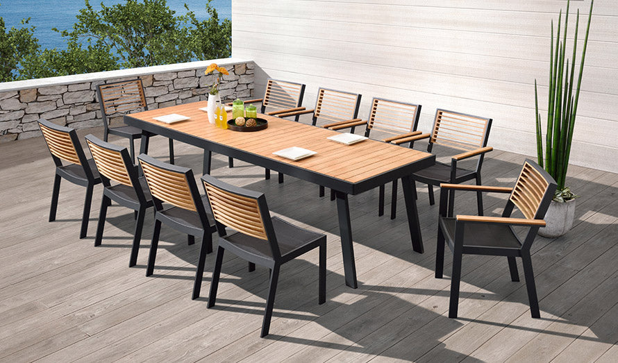 York black aluminum and teak dining set for ten – shown outdoors (3)