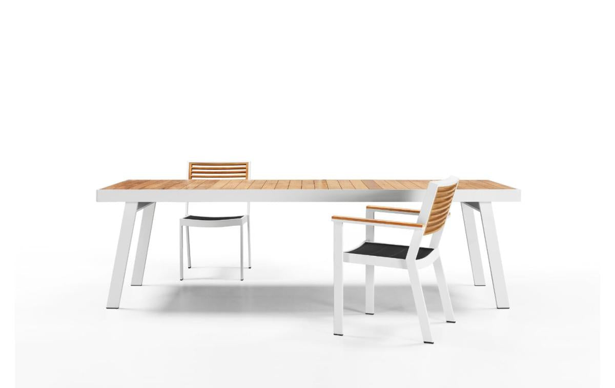 York white aluminum and teak dining set for six, 200 x 90 cm table