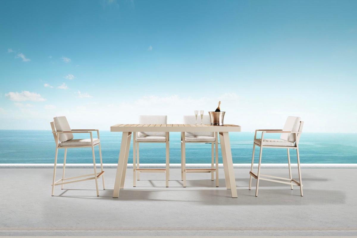 Noffy white aluminum and teak bar-height patio set for six – shown outdoors