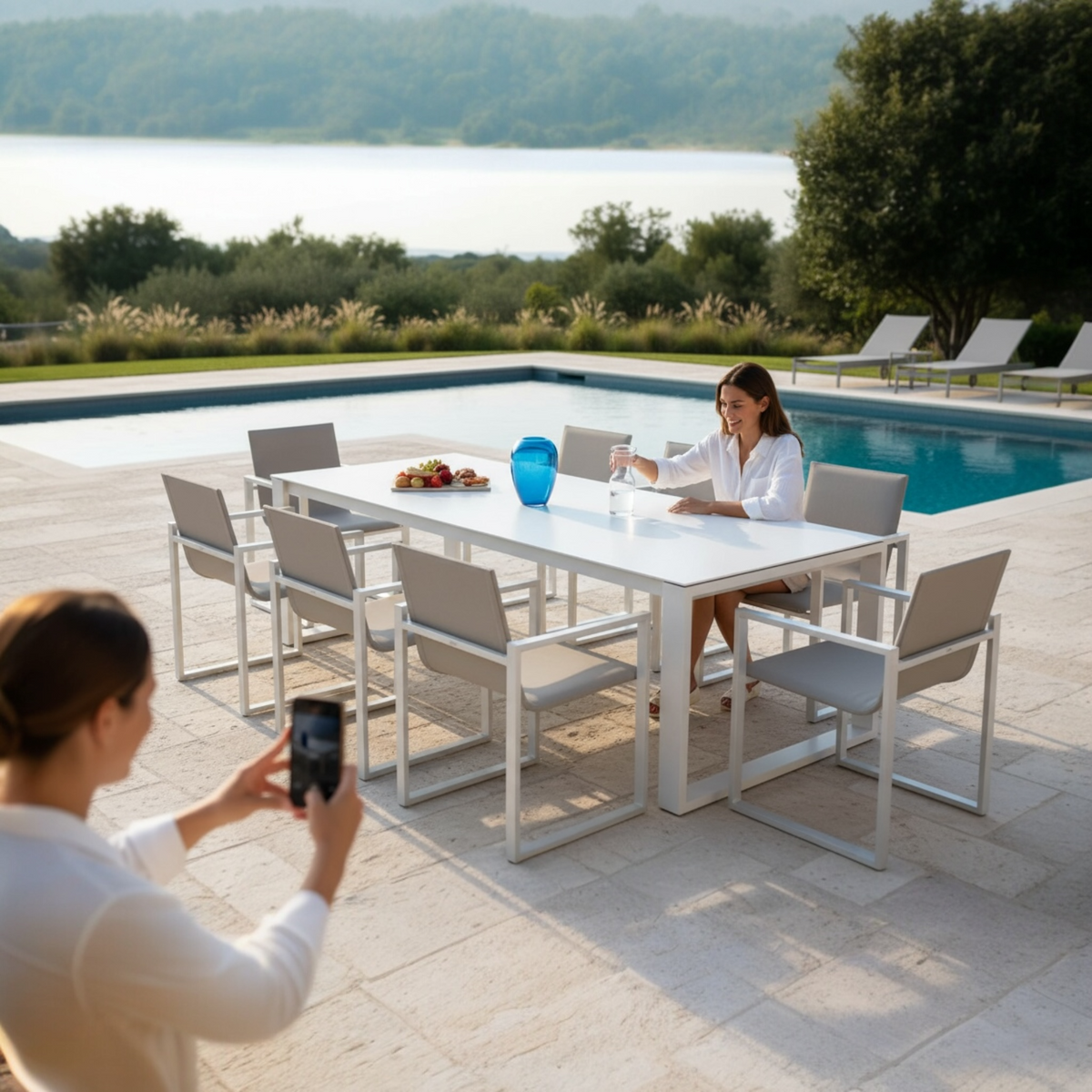Como aluminum ceramic-top outdoor dining set – shown outdoors (2)