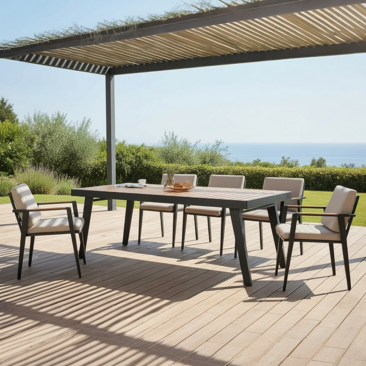 Lovy 8-seat aluminum and teak outdoor dining set – shown outdoors (2)