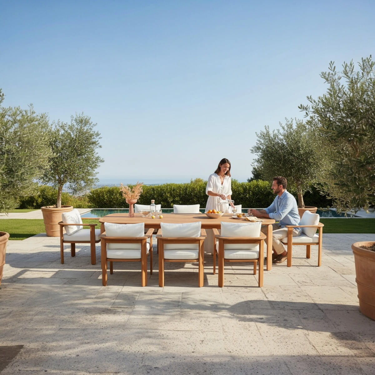Roma 8-seater solid teak outdoor dining set with slatted armchairs – shown outdoors (2)