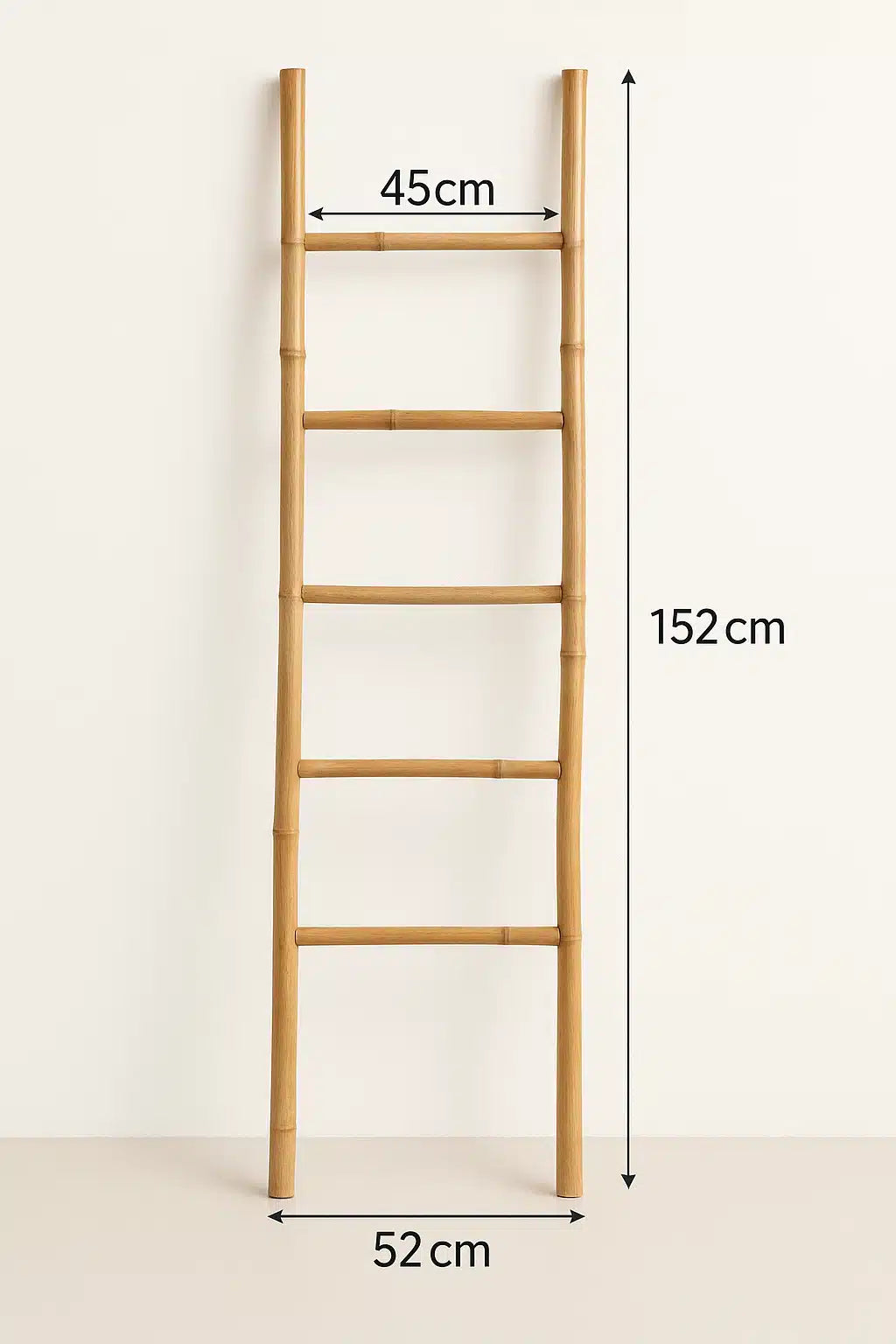 Simple five-rung bamboo throw ladder in golden tones – dimensions diagram