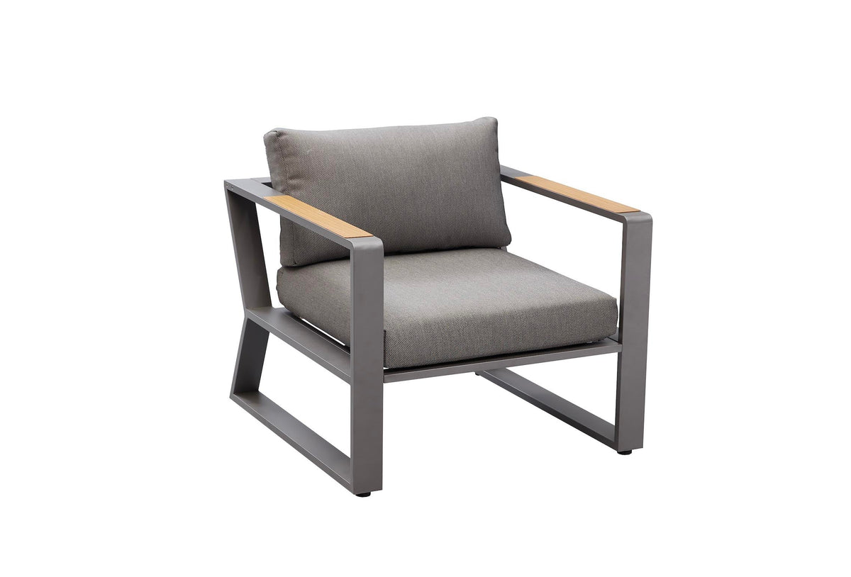 Armchair from the Exy Mini anthracite aluminum and teak loveseat set with slatted teak armrests – another view