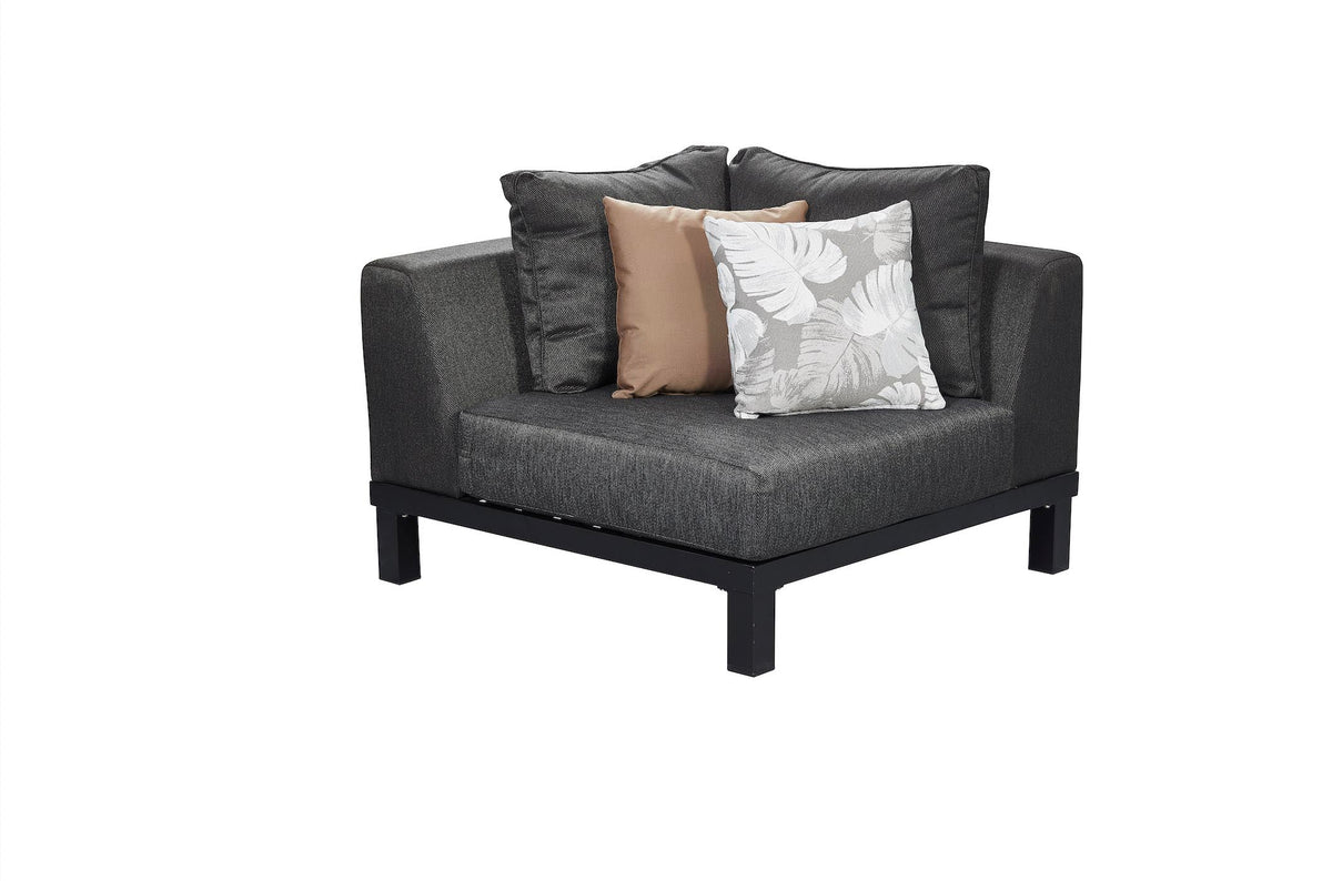 Orsy matte black aluminum and teak corner sofa set with low teak coffee table – another view (2)