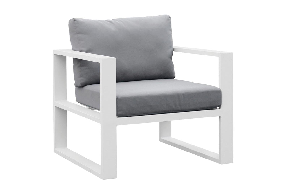 Belly white aluminum outdoor sectional with armchair and tinted glass table – another view (2)