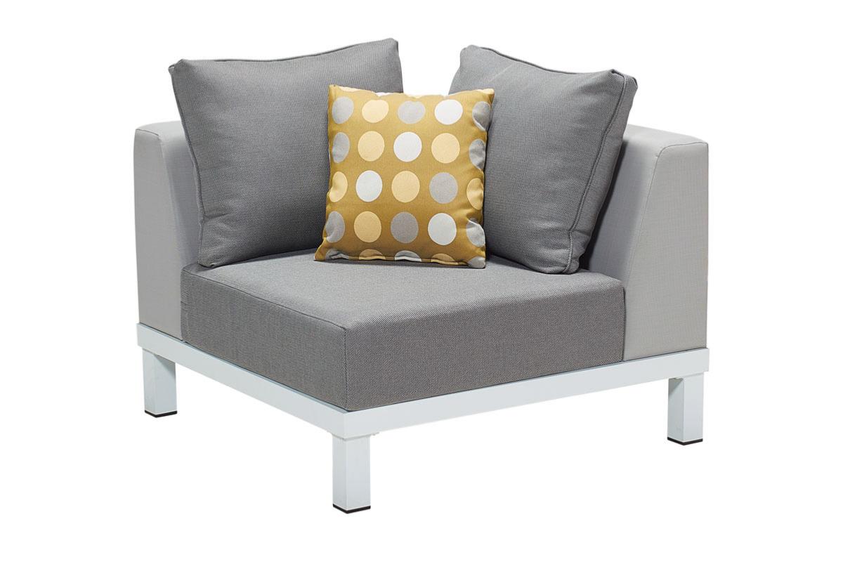 Corner chair from the Orsy Cosy 5-seat white aluminum and teak corner sofa set – another view