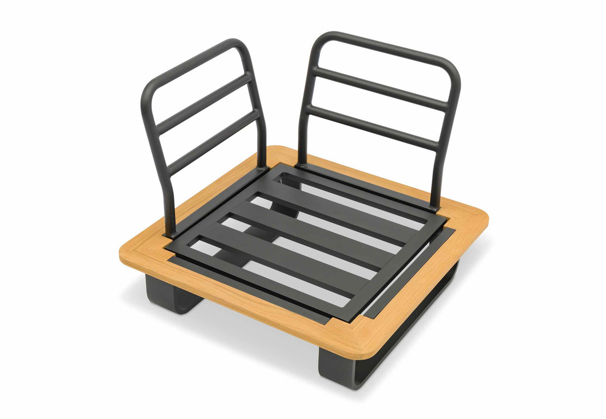 Corner chair from the Romeo black aluminum outdoor sectional with sculpted teak armrests – another view