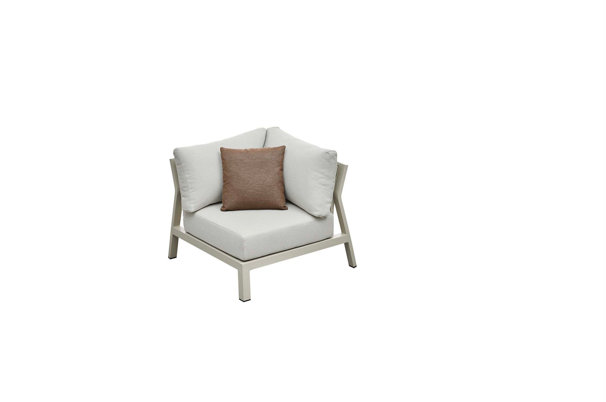 Corner chair from the Viscounti cream aluminum and teak corner sofa with openwork backs – another view