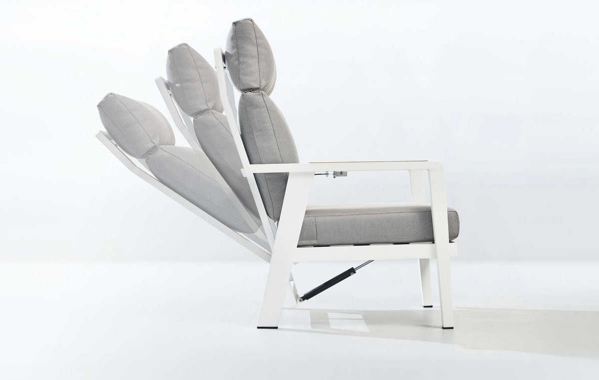 Marius white aluminum patio set with reclining armchairs and lift-top table