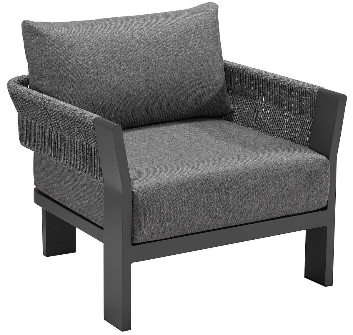 Armchair from the Olby black rope patio sofa set with teak-top coffee table – another view