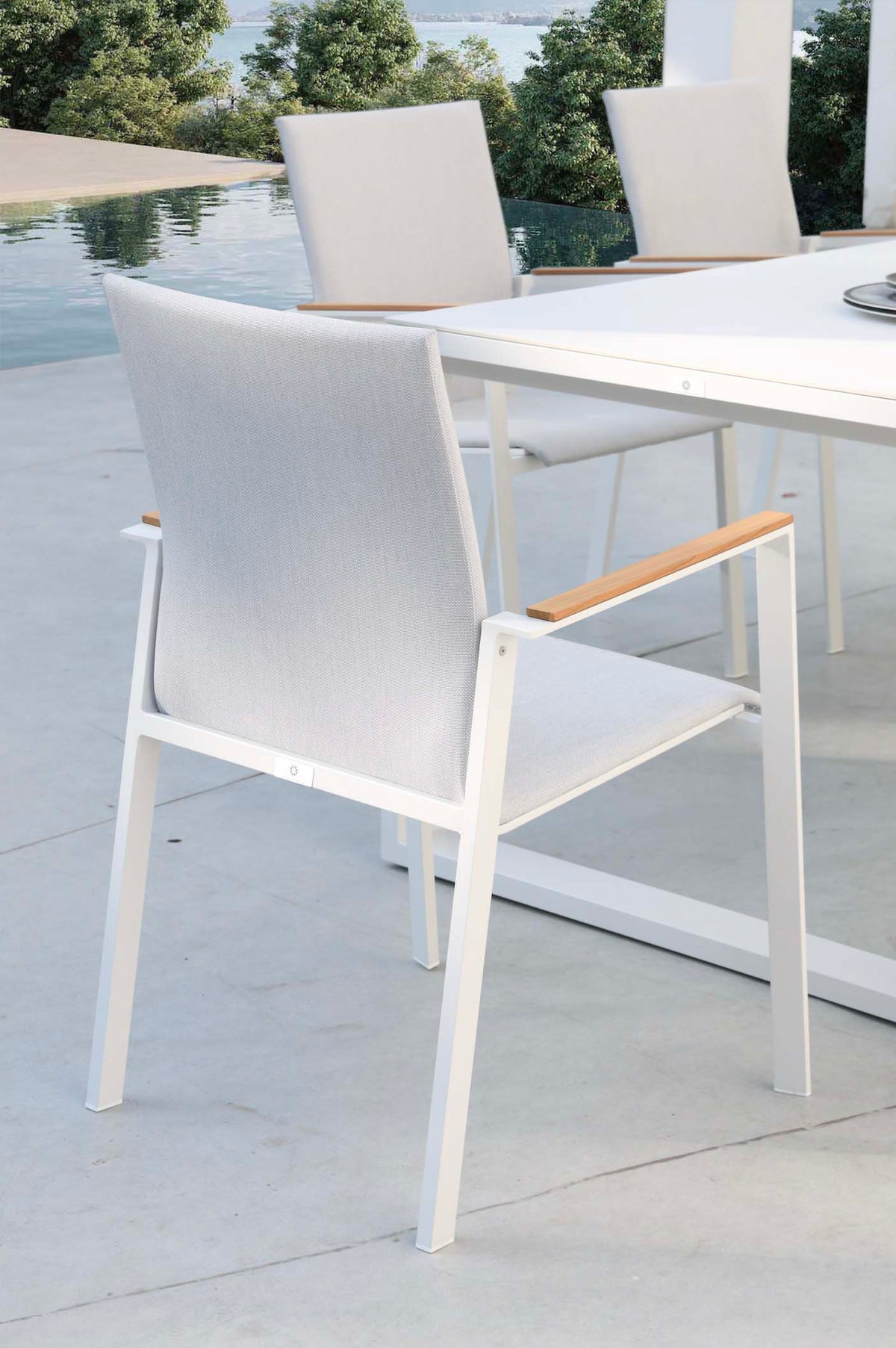 Lilou white aluminum padded textilene dining chairs, set of 2 – shown outdoors (3)
