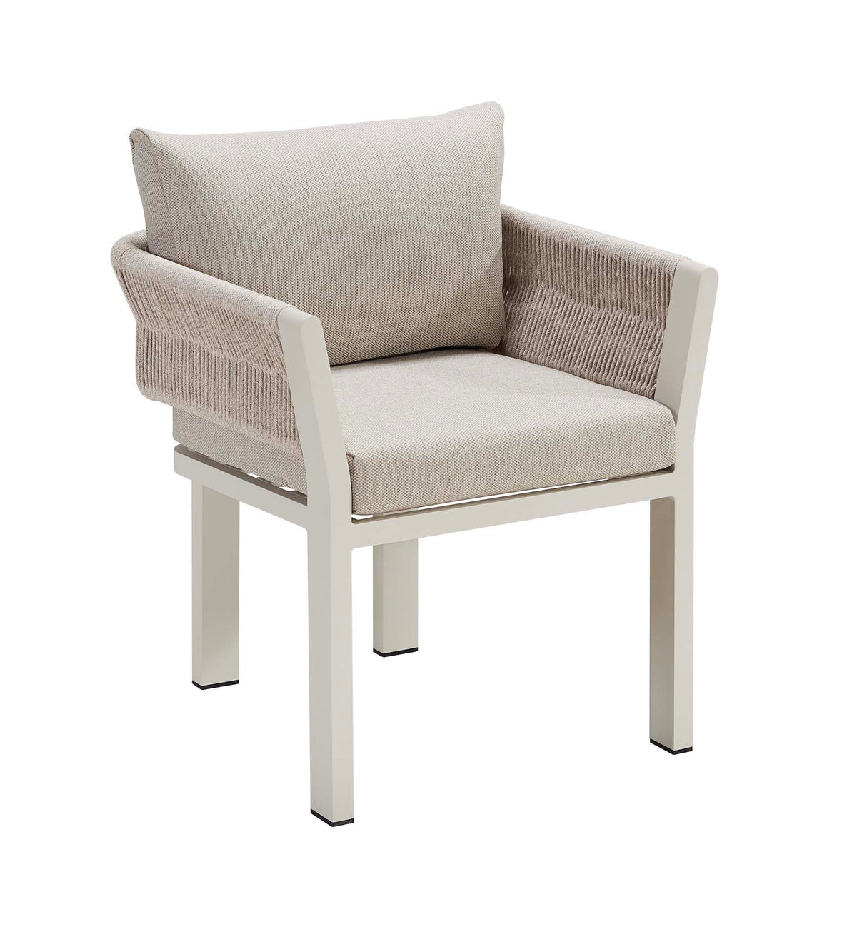 Armchair from the Olby 6-seat aluminum and rope outdoor dining set with teak-top table – another view