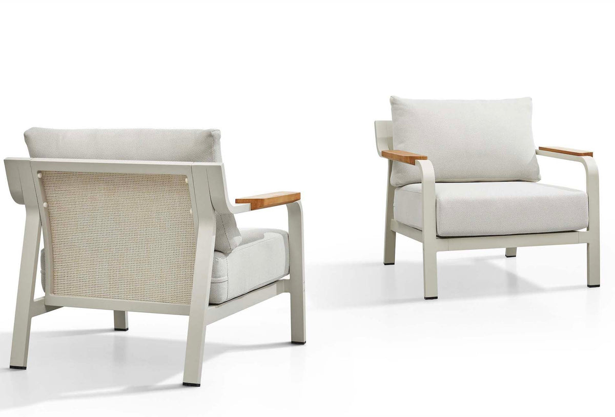 Viscounti cream aluminum and teak patio set with openwork backs – multiple views