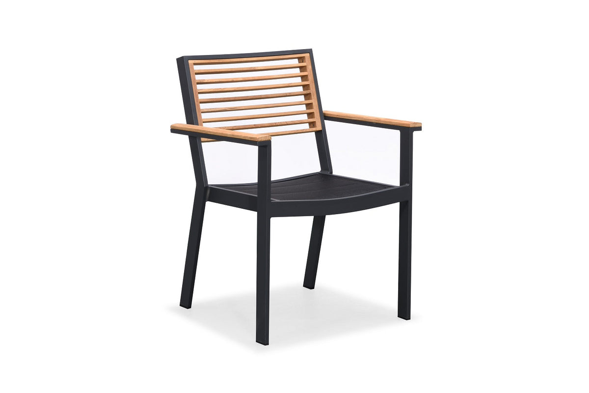 Armchair from the York black aluminum and teak dining set for six, 200 x 90 cm table – another view