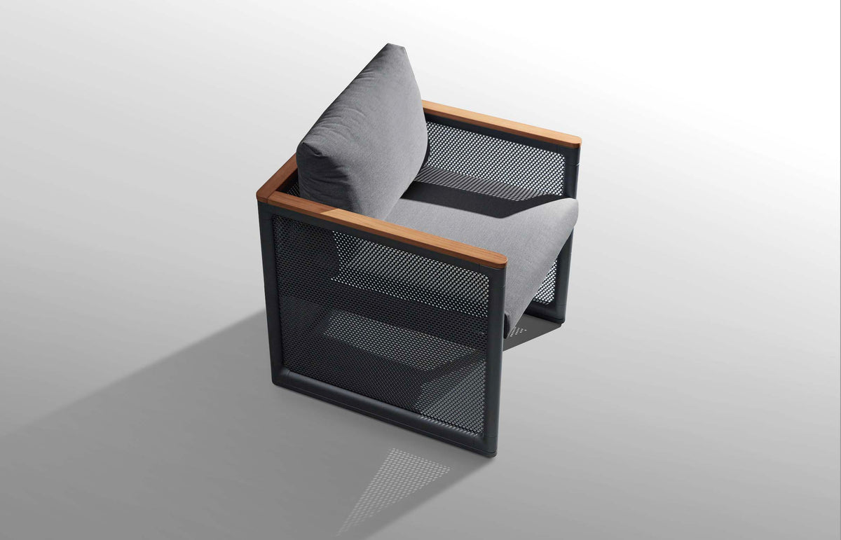 Armchair from the Rio 6-seat minimalist aluminum and teak dining set – close-up detail