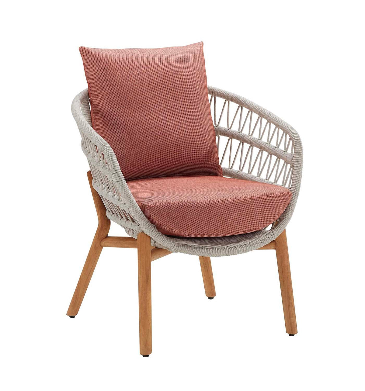 Armchair from the Rose teak and rope dining set with powder pink cushions – another view
