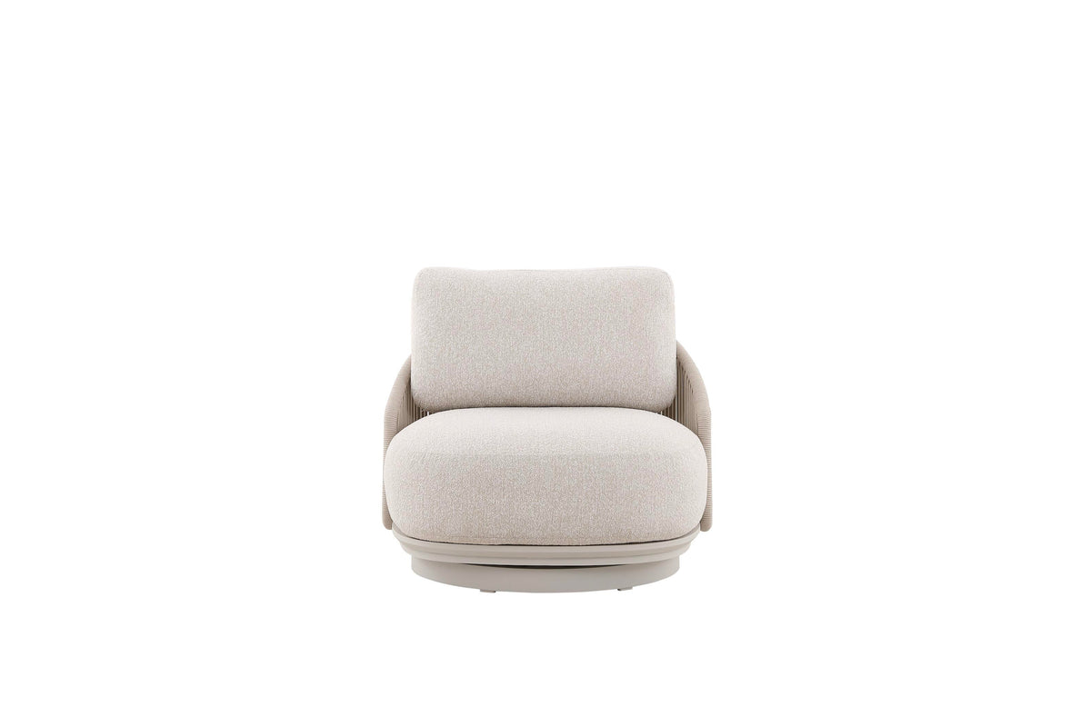 Aura beige aluminum and rope swivel armchair