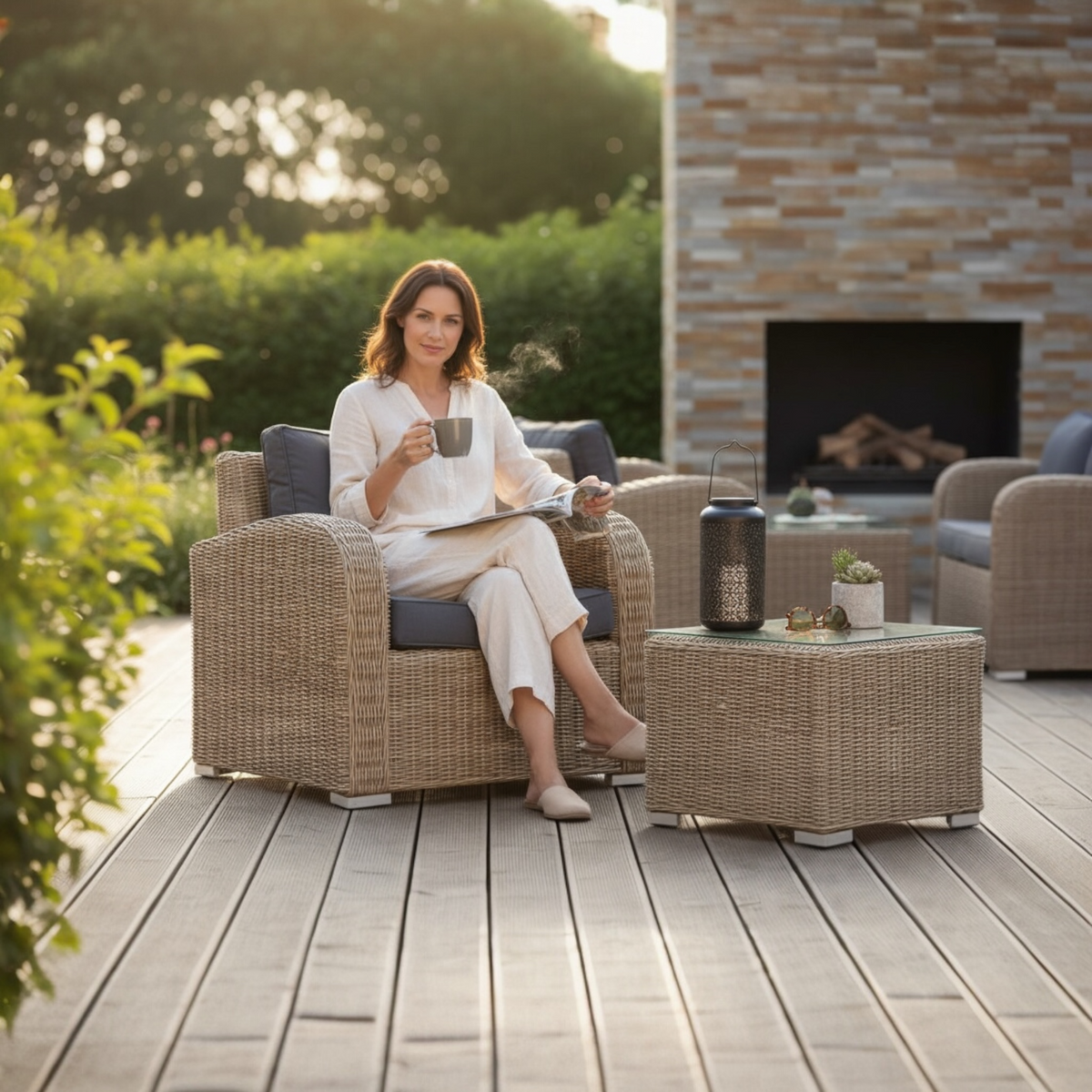 Tara curved resin wicker outdoor armchair – shown outdoors