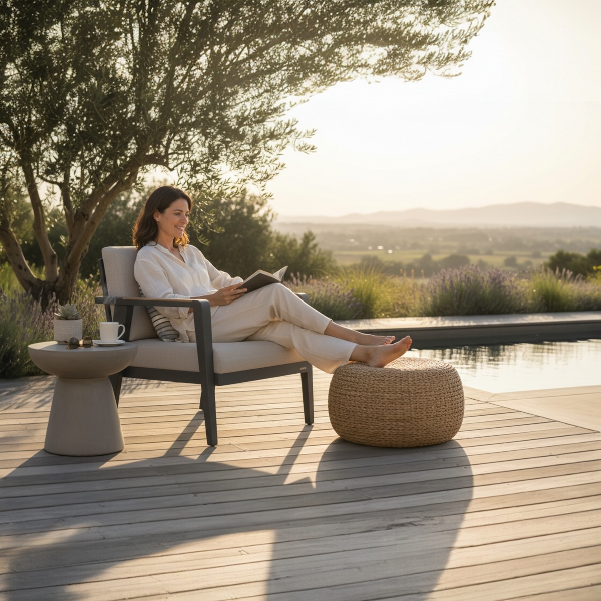 Lovy aluminum and teak outdoor lounge armchair – shown outdoors