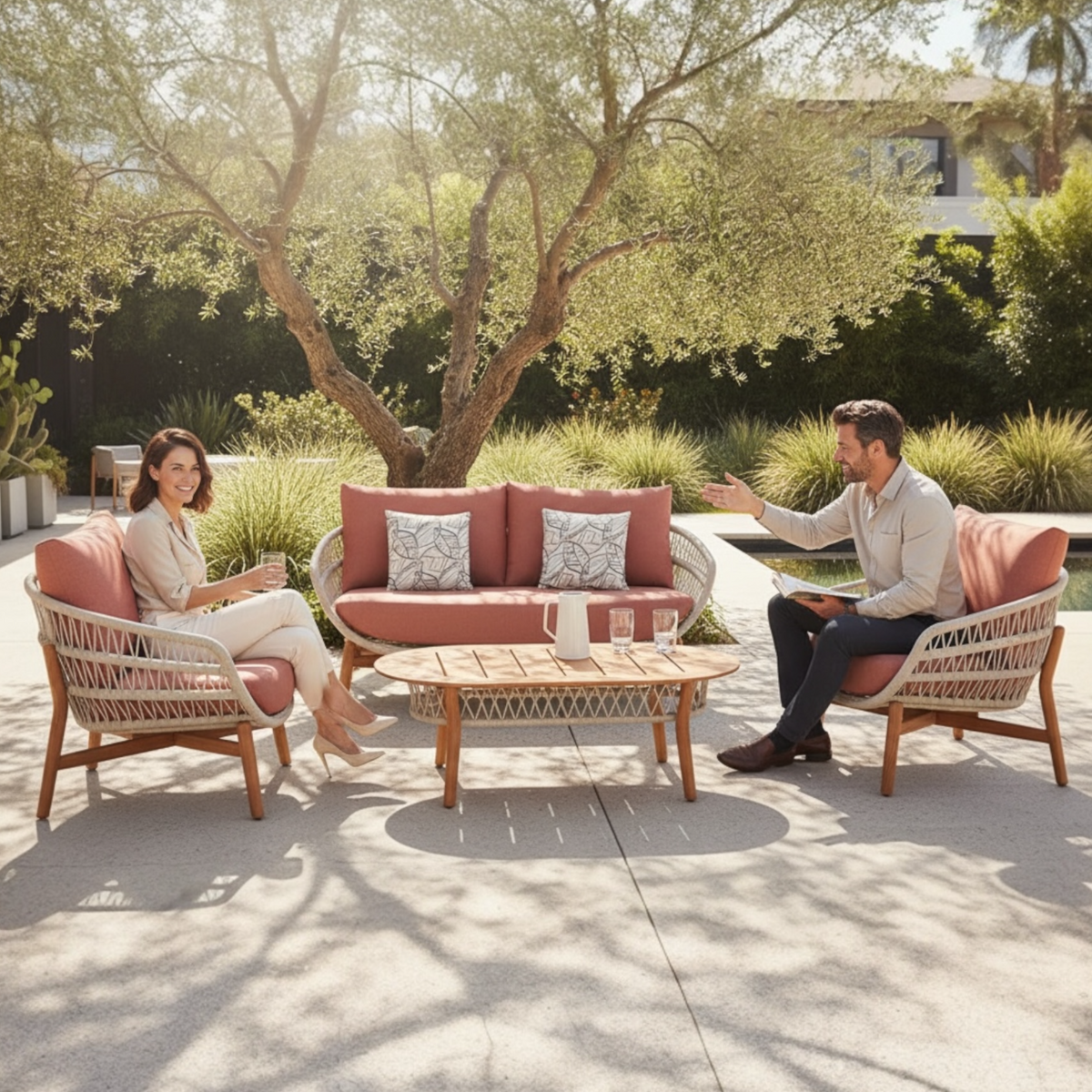 Rose Mini teak and rope loveseat set with powder pink cushions – shown outdoors