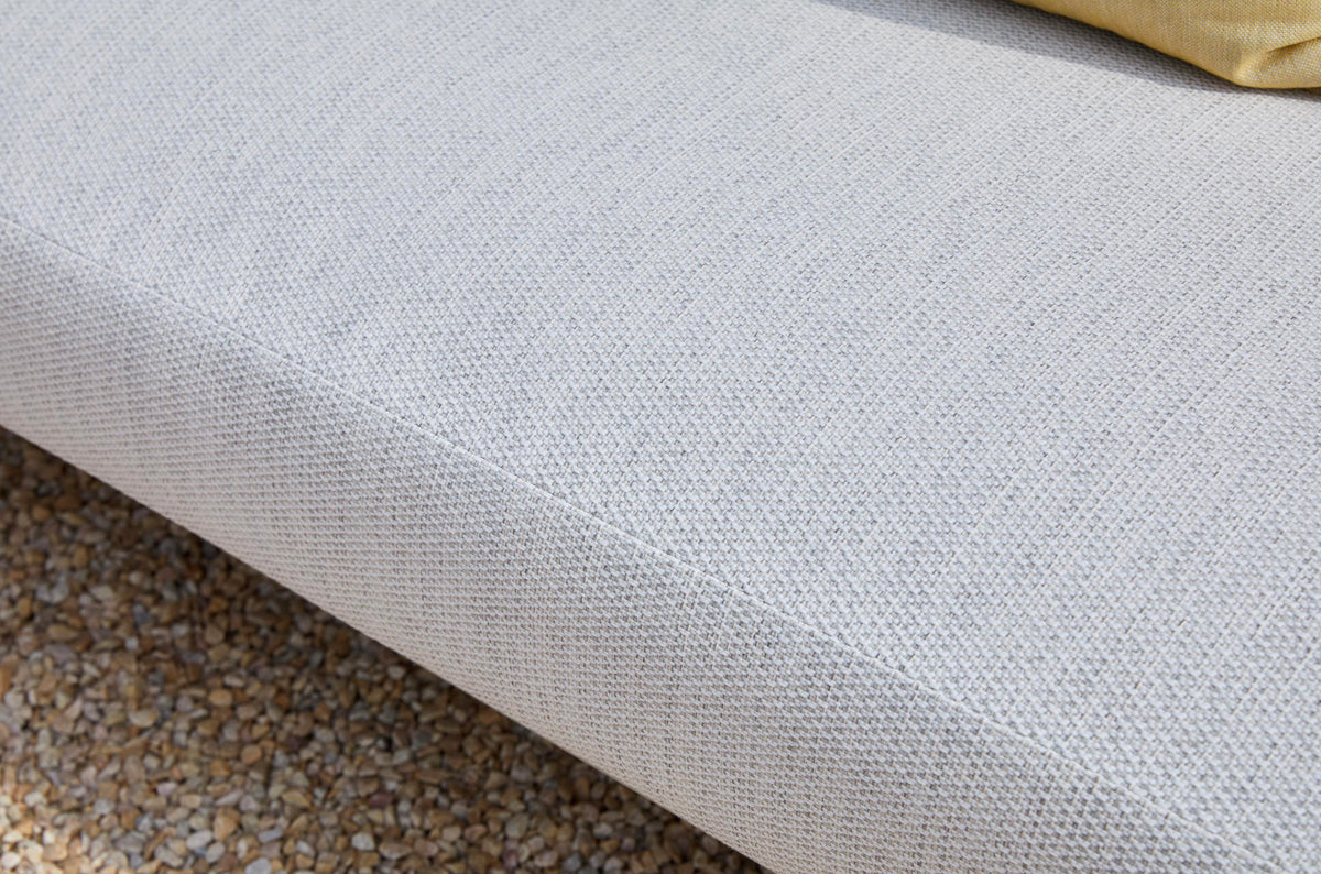 Flora white aluminum outdoor sectional with light gray cushions – close-up detail