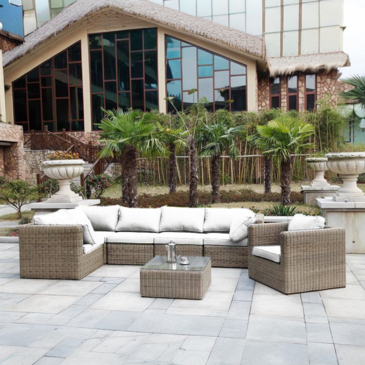 Genius olefin cushion cover set for Liberty modular lounge – shown outdoors