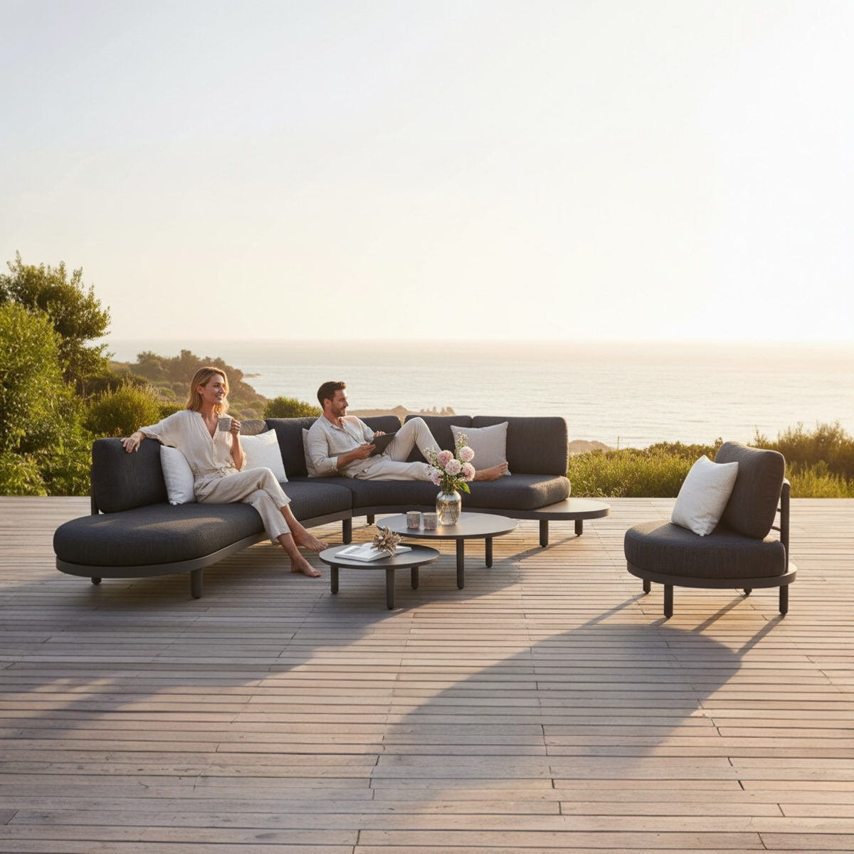 Alba anthracite aluminum corner sofa set with thick gray olefin cushions – shown outdoors (2)