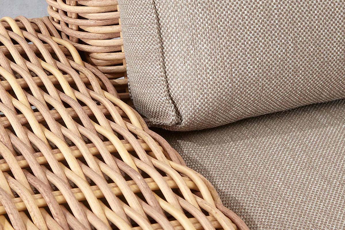 June round resin wicker corner sofa set in wicker color with olefin cushions – close-up detail
