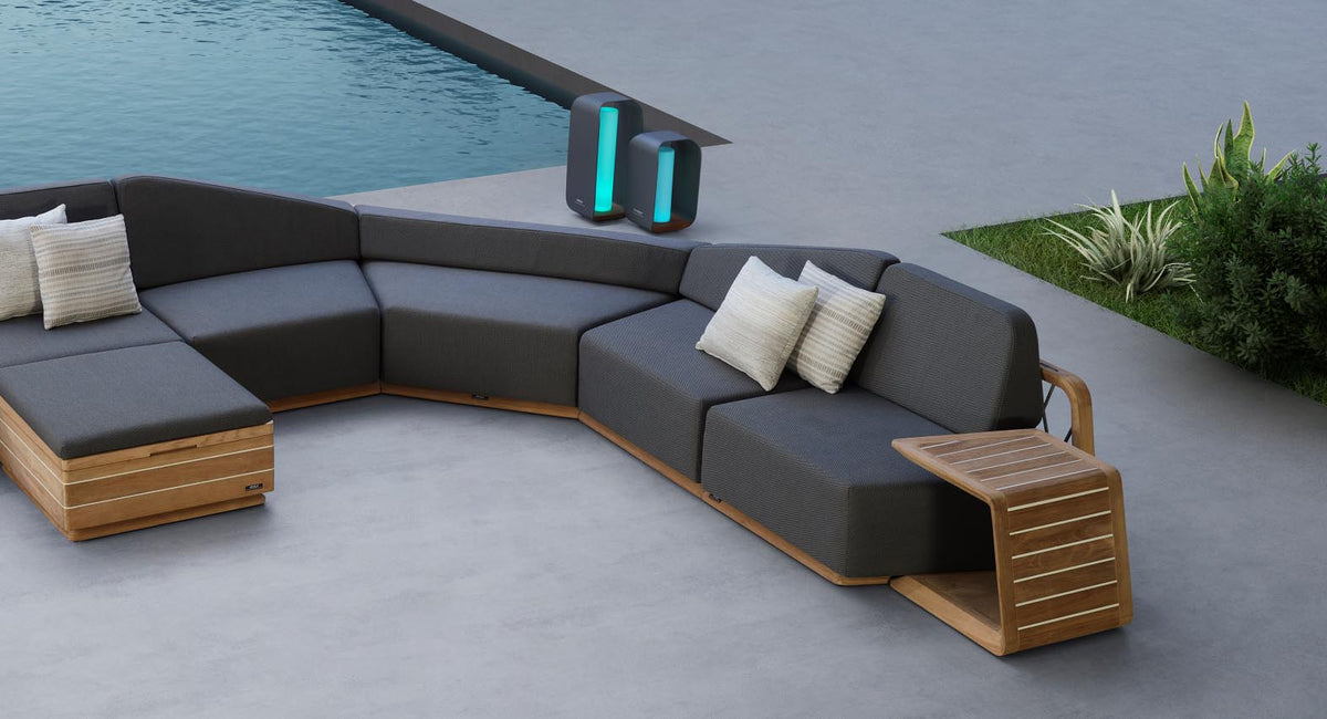 Onda gray aluminum and teak cordless outdoor lamp – shown outdoors