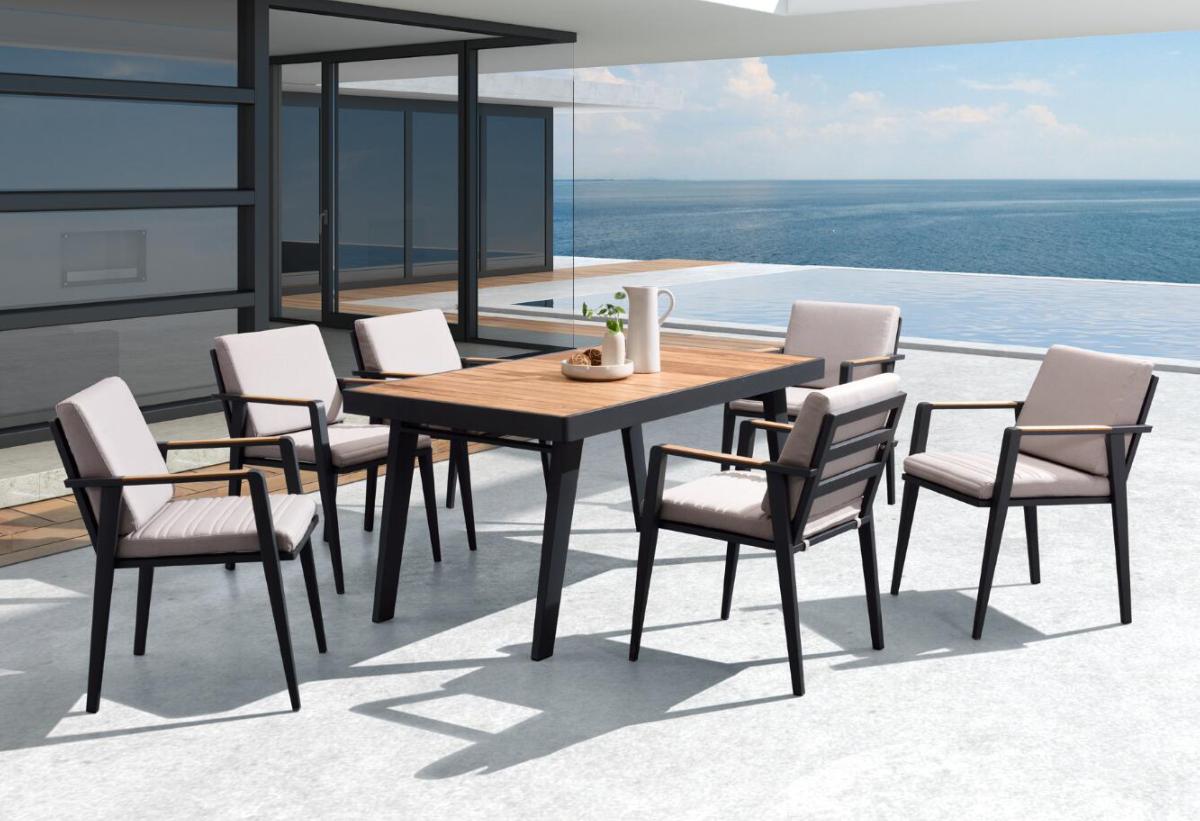 Lovy 6-seat aluminum and teak outdoor dining set – shown outdoors (3)