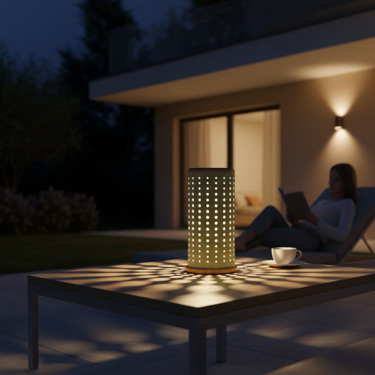 Arlo beige aluminum solar lamp – shown lit outdoors