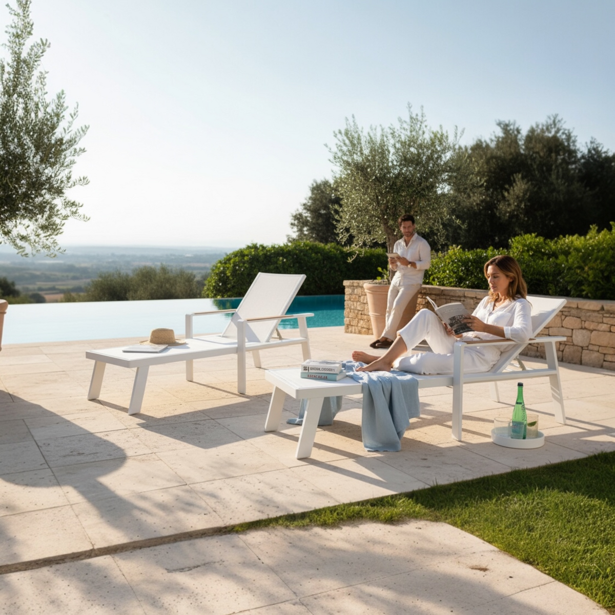 Noffy beige textilene chaise lounge with teak armrests – shown outdoors (2)