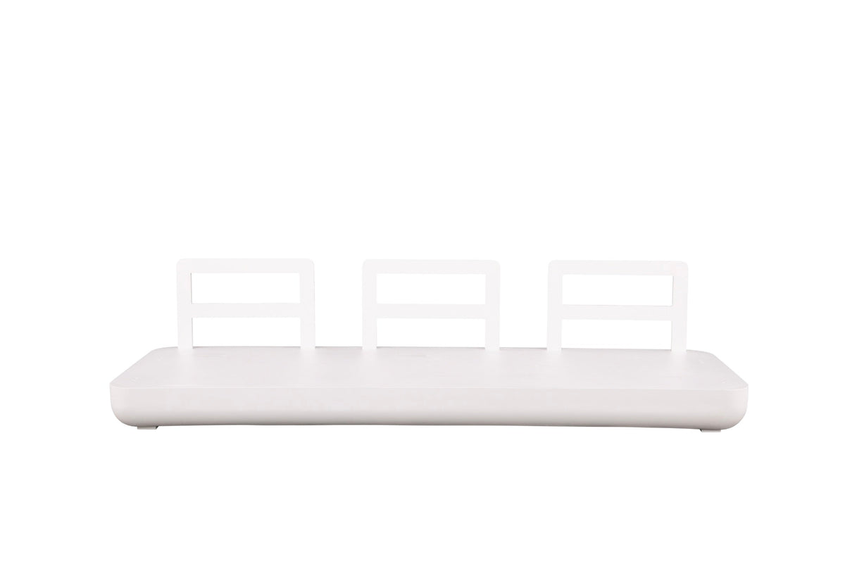 Mae curved white aluminum patio set with teak-top coffee table