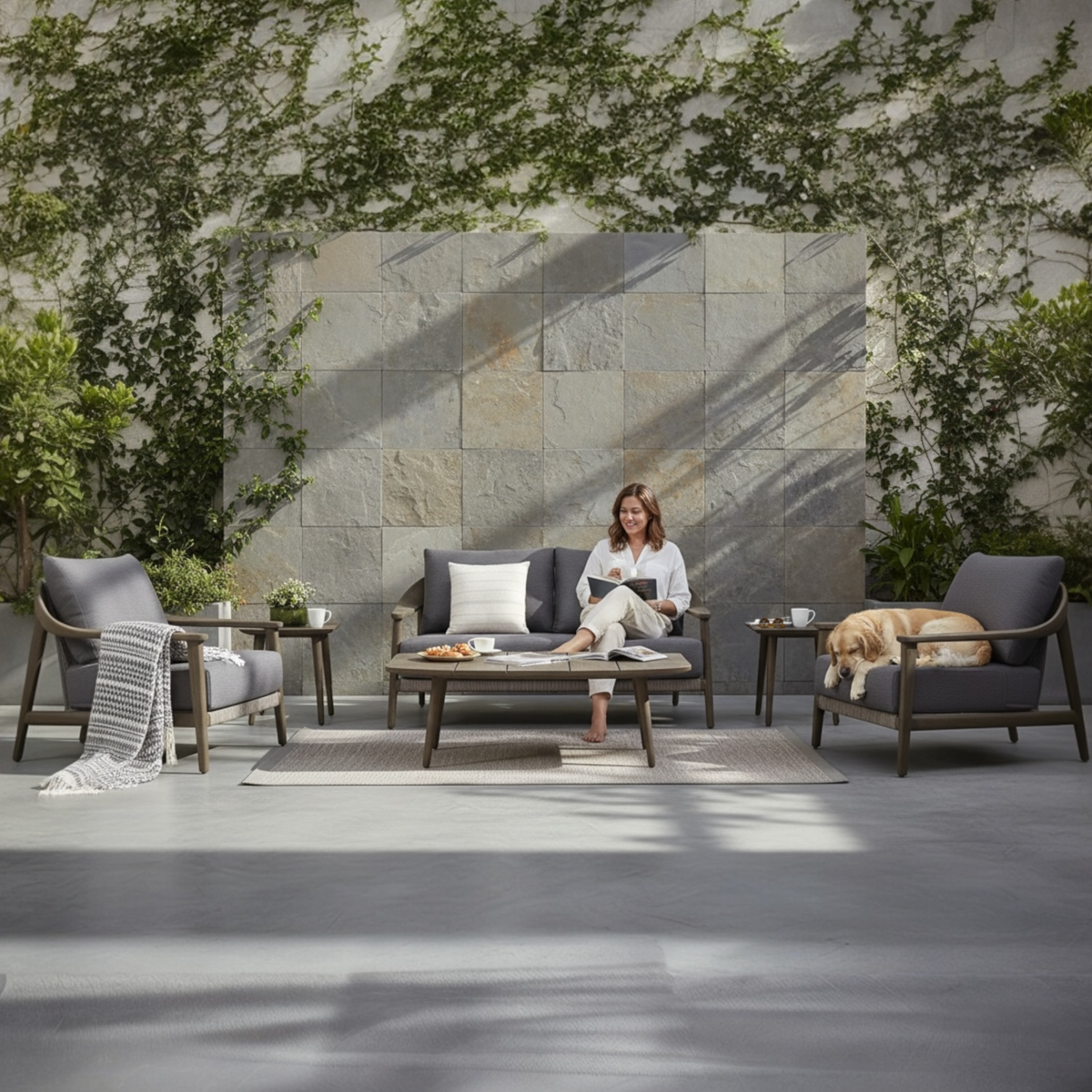 Come solid teak and beige rope patio set with loveseat and two armchairs – shown outdoors